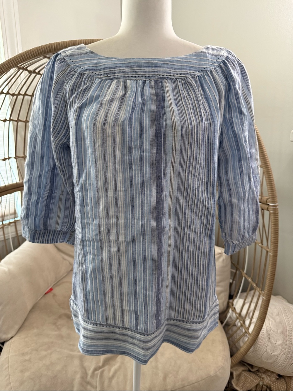 Lands’ End Blue Striped Linen Peasant Blouse Size 2-4 Coastal Cottagecore